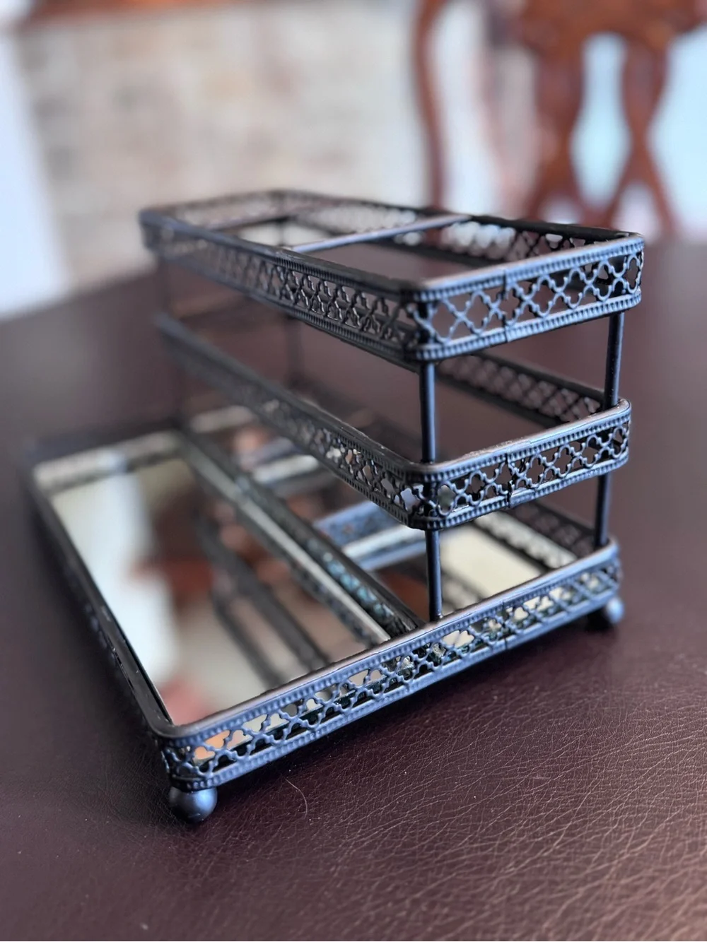 Two-Tier Black Metal Jewelry/Makeup Organizer with Mirrored Tray